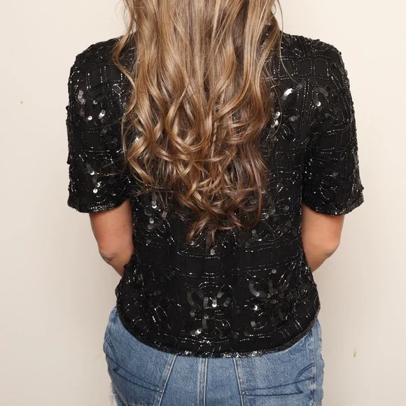 EUC Vintage Stenay Black Sequin Beaded Formal Blouse Top Shirt - Picture 2 of 4